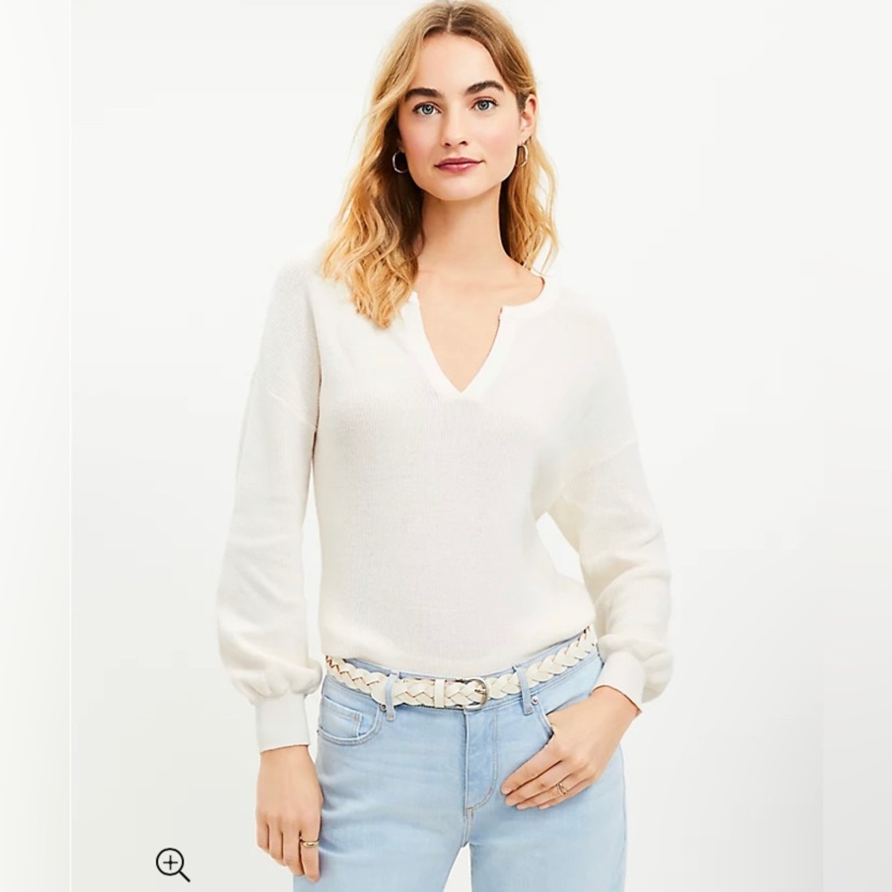 LOFT NWT Textured Balloon Sleeve Split‎ Neck Sweater